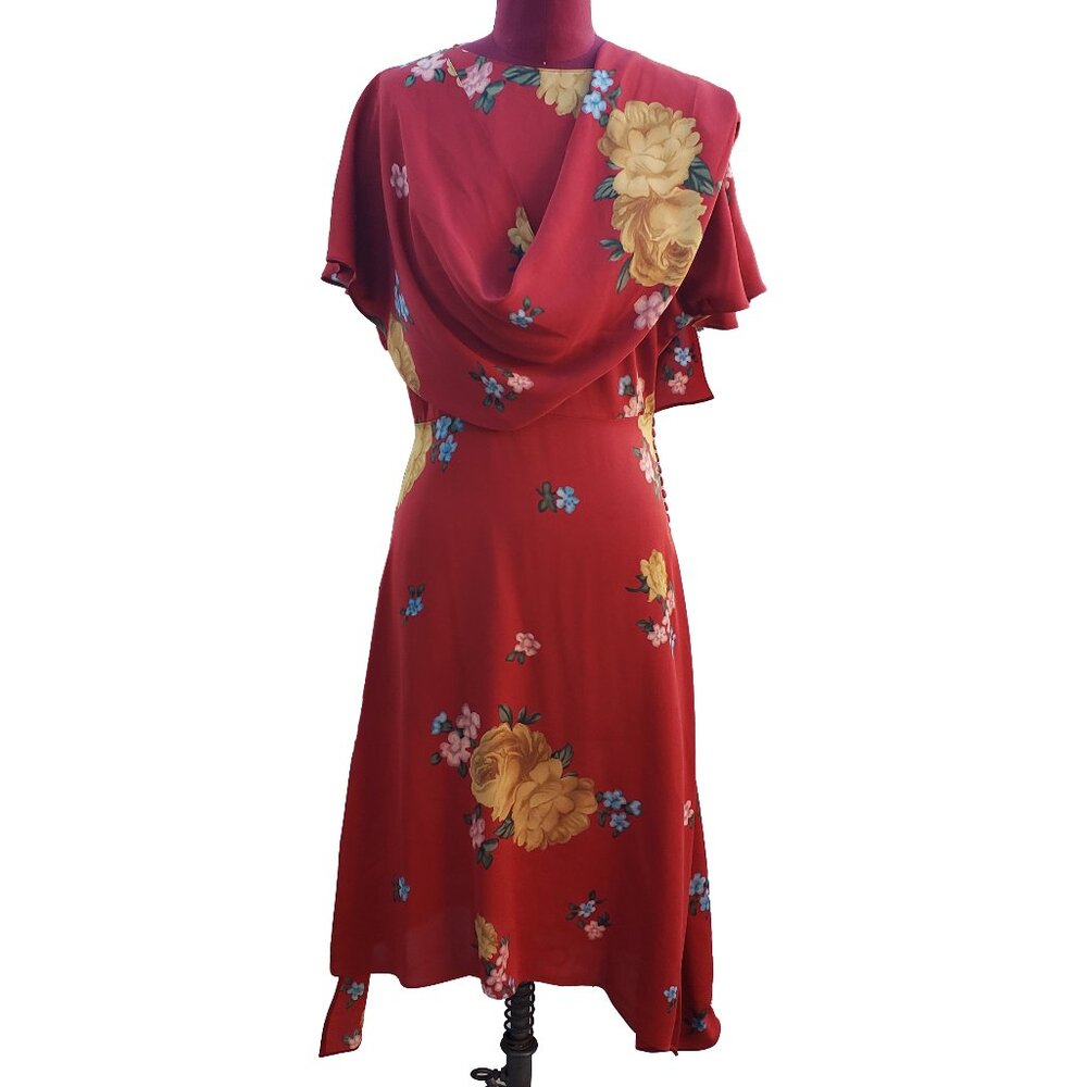 Magda Butrym Dress Red Floral Silk Short Sleeves Asymmetric Hem Midi 38